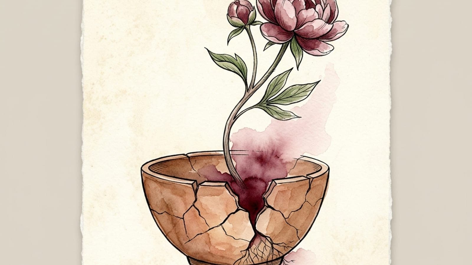 A horizontal watercolor study of a single rose stem being repotted — roots bare and exposed on the left, the same stem settled into fresh soil and beginning to leaf on the right. The visual metaphor for rebuilding a self after a breakup: the root system is intact, it just needs new ground.