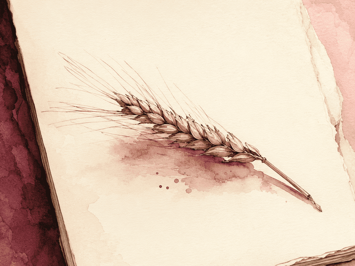 A watercolor illustration of a single thread unraveling loose from a knitted sweater edge, rendered in dusty rose and merlot on cream paper — identity coming loose at one seam without unraveling entirely.