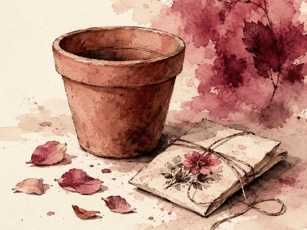 An overhead still-life watercolor of an open notebook with a handwritten resume draft, a fountain pen, a cup of tea, and dried lavender — the quiet, unglamorous work of a Tuesday spent rebuilding.