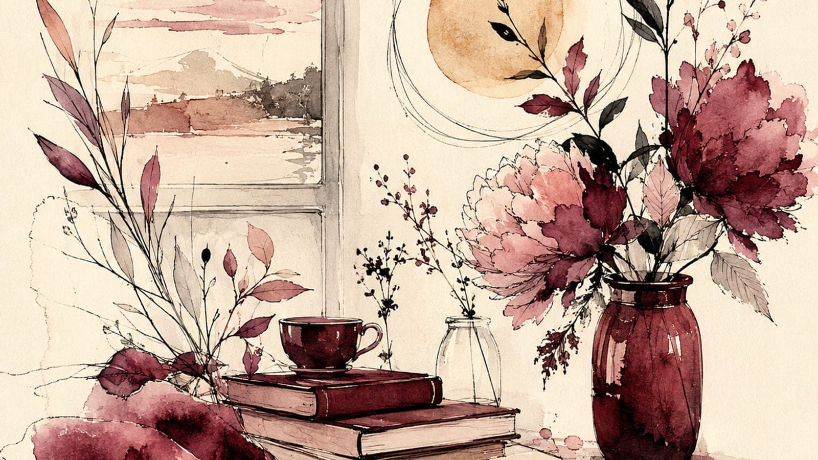 A horizontal watercolor illustration of a single door left ajar, warm rose light spilling through the gap, painted in dusty rose and deep merlot on cream paper — a quiet visual metaphor for the threshold of job loss, an ending that is also, unglamorously, a doorway.