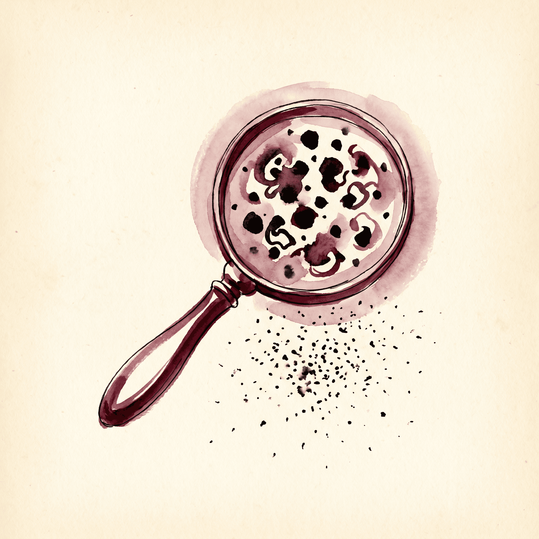 A hand-drawn watercolor magnifying glass in deep merlot ink hovering over a small dusty-rose dot and multiplying the dark specks around it — the abstract metaphor for an anxious brain scanning for and finding evidence it isn't calm.