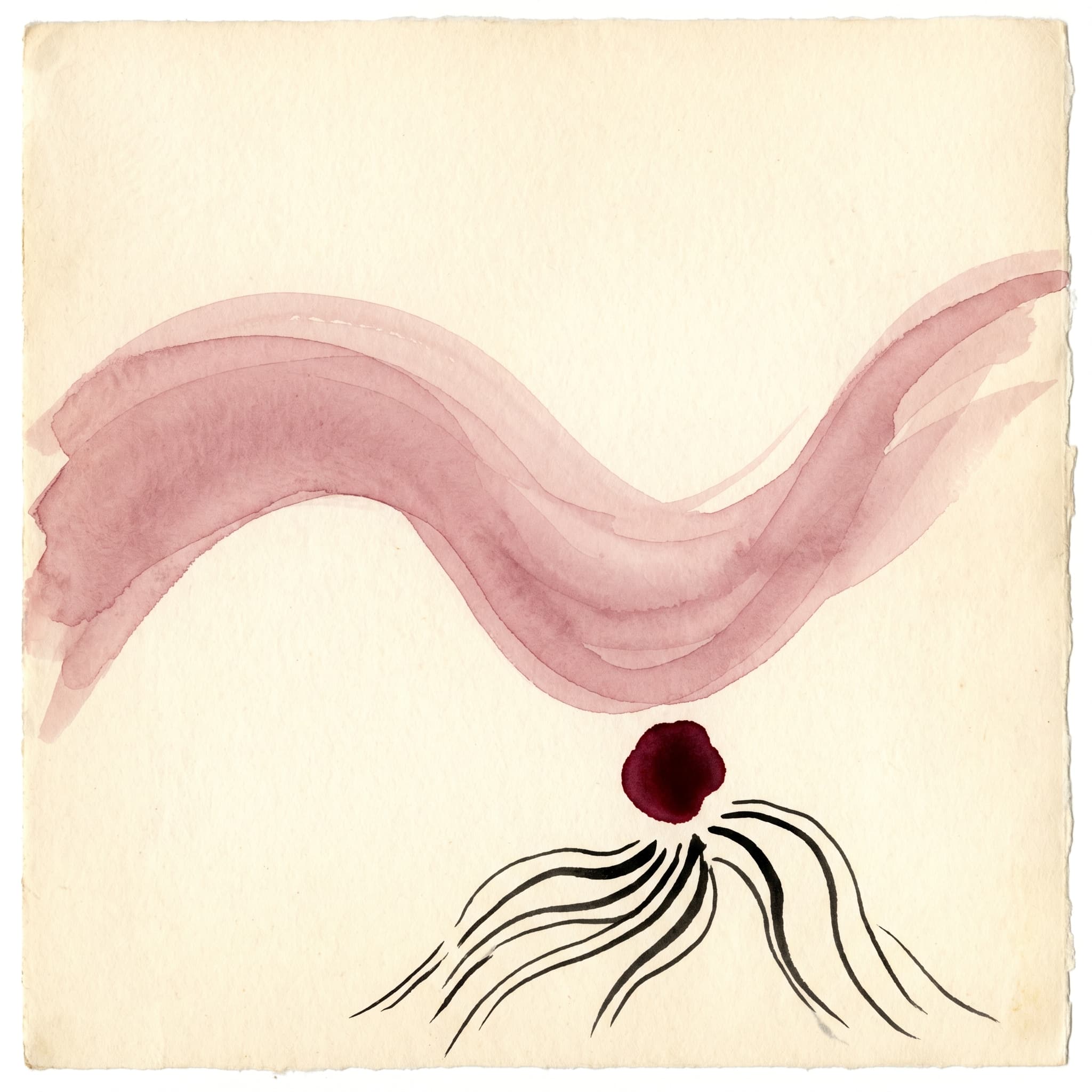 A hand-drawn editorial watercolor diagram on cream paper of a single slow breath drawn as an expanding-then-softening dusty-rose curve with a small merlot anchor dot at the base — the abstract metaphor for anchoring an affirmation to a breath rather than a feeling.