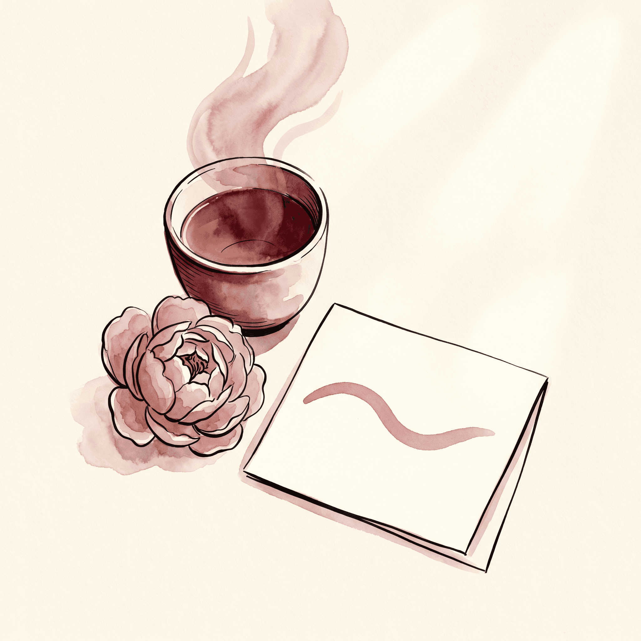 Overhead watercolor still life of a small ceramic cup of tea with steam rising in soft dusty-rose, a single open peony beside it, and a hand-drawn smooth calm line on a folded note on cream linen — the quiet of a settled moment.