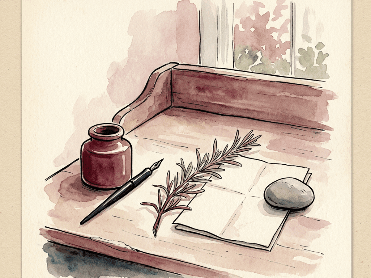 Two soft watercolor shapes in rose and merlot pulling apart, with a thin merlot ink line stretched taut between them — the gap between a claim and a felt truth.
