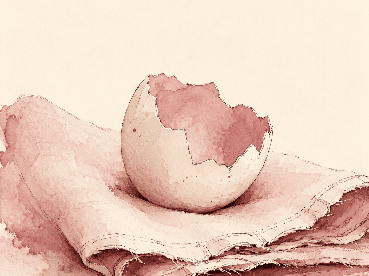 A watercolor still life of an empty ceramic bowl beside one dried flower on a cream tablecloth — the space where language often falls short.