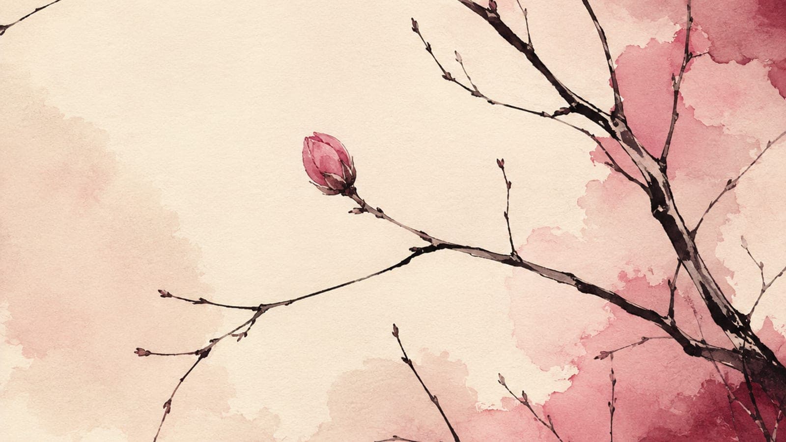 A horizontal watercolor of a bare branch with a few fallen blossoms scattered below it and one small new bud forming near the tip — grief and quiet continuation held in the same frame.