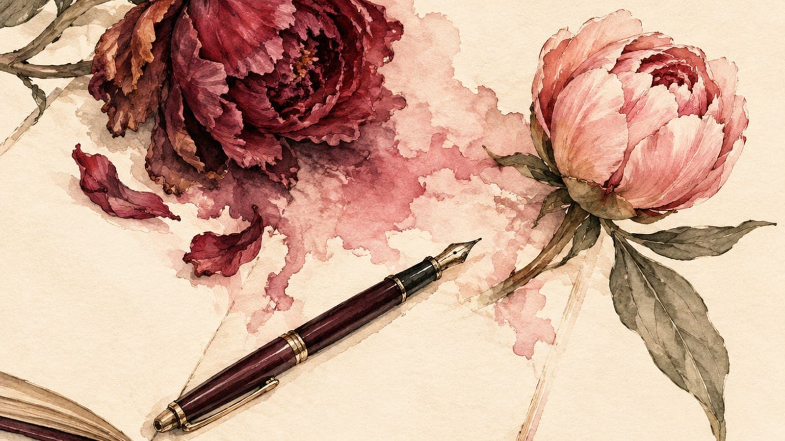 A horizontal watercolor study of an open notebook with a single pressed rose petal marking the page, cream paper, soft merlot and dusty rose washes, no text, no faces.