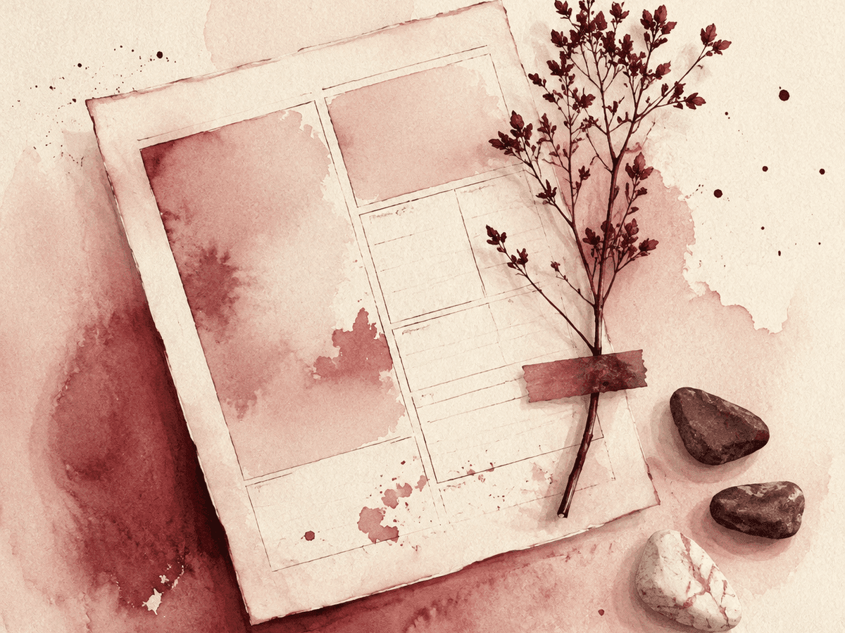 Two watercolor forms on cream paper — a soft rose circle that holds and a merlot ruled grid that measures — the difference between steadying a thought and testing it.