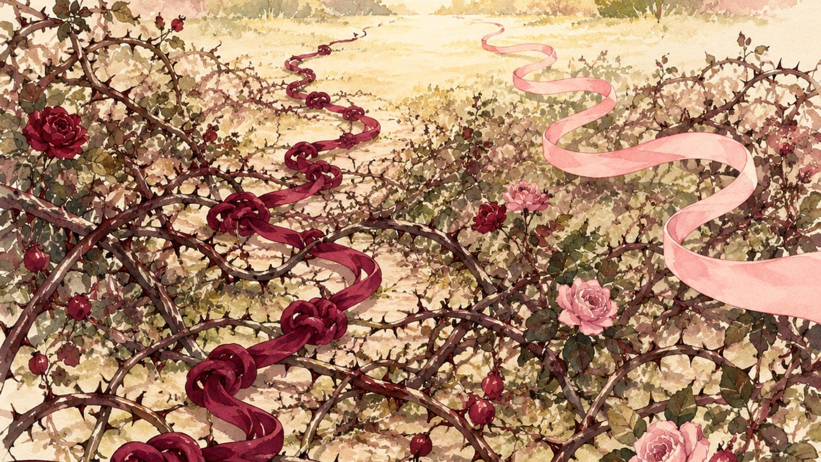 A horizontal watercolor study of two small paths on cream paper — one a soft rose-pink brushstroke that curves upward, the other a fine merlot ink line drawn in tidy segments — running side by side and meeting at the right edge.