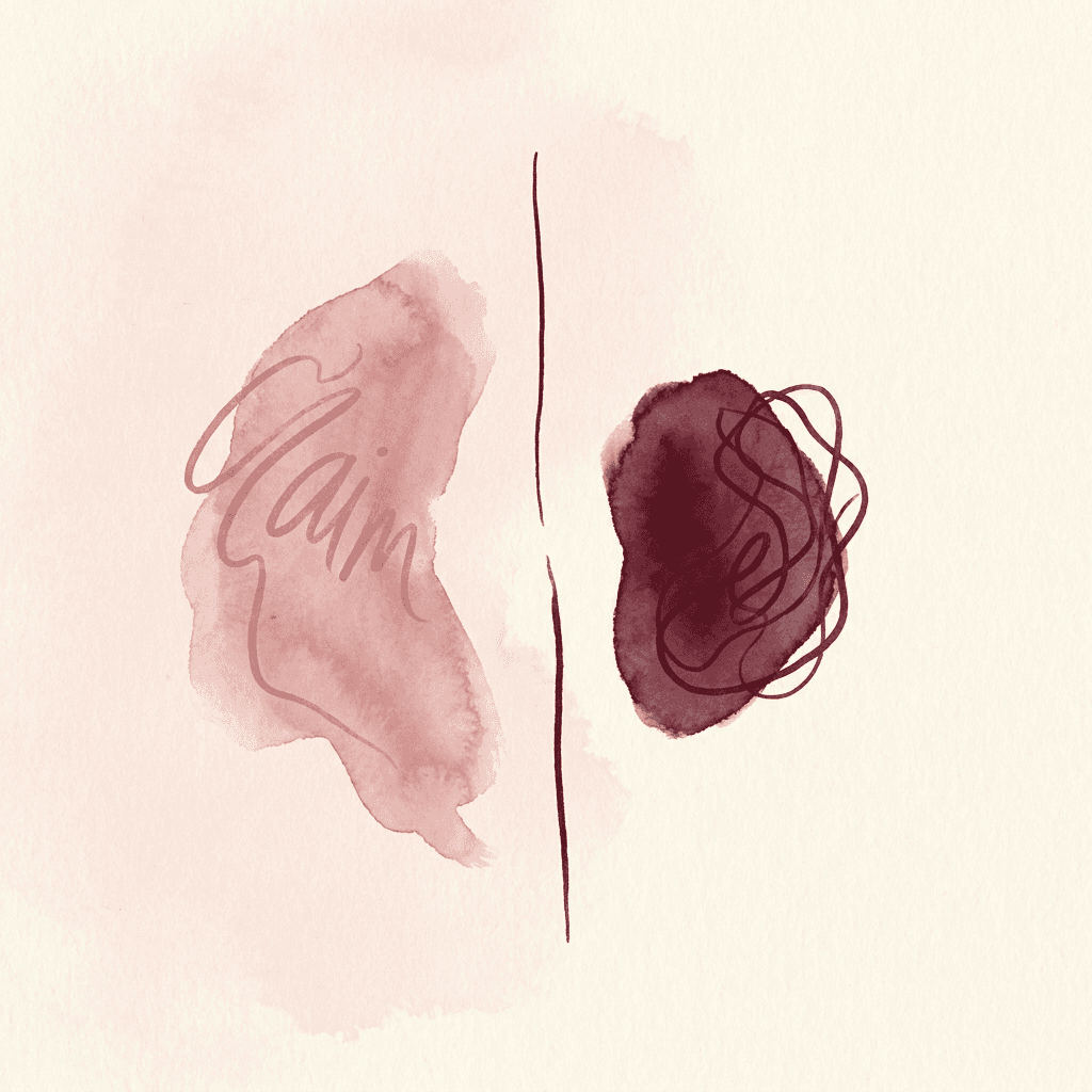 Two soft watercolor shapes in pink and merlot separated by a sharp hand-drawn line — the gap between a claim and a felt truth.