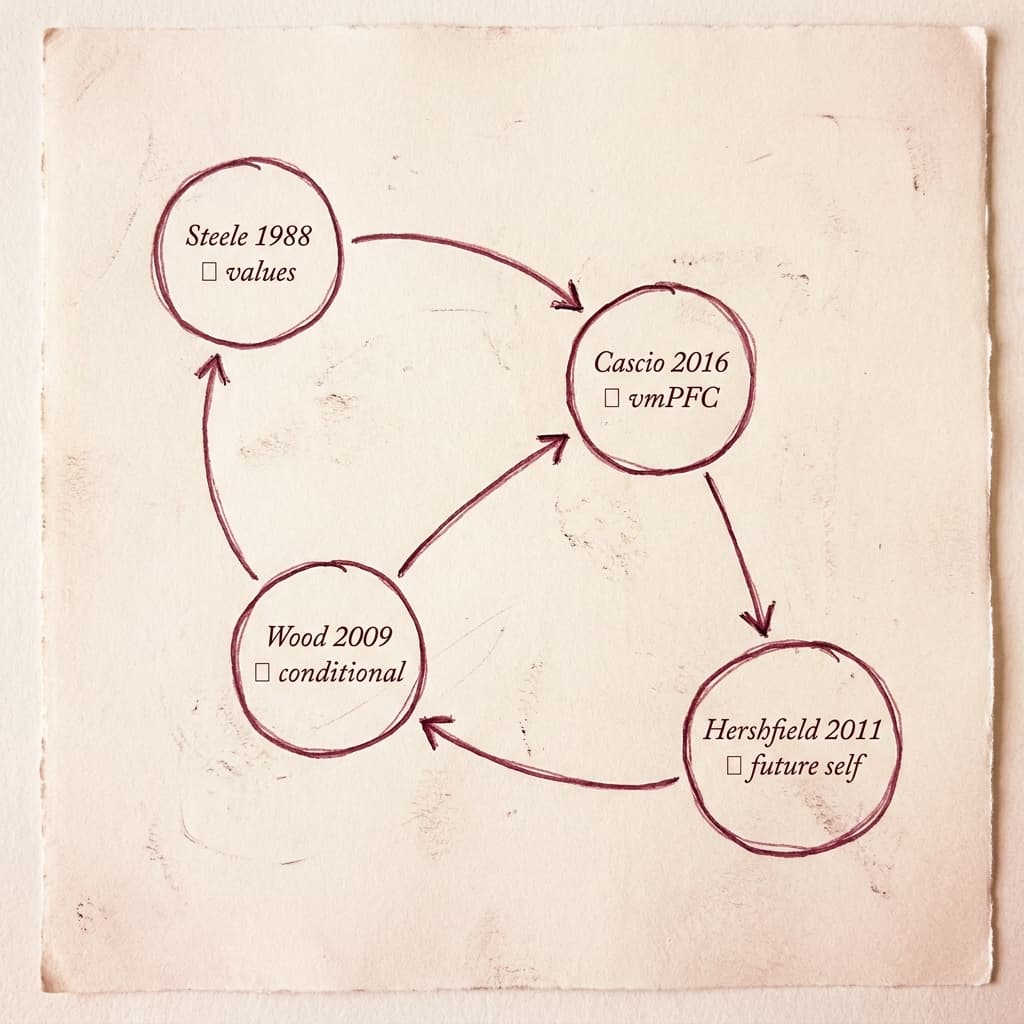 Hand-drawn editorial infographic linking the four foundational research findings — Steele, Wood, Cascio, Hershfield — by merlot ink lines on cream paper.