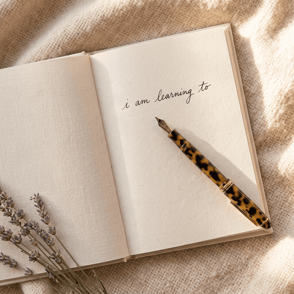Overhead close-up of an open journal with the handwritten line 'i am learning to' and a fountain pen — the quiet of a sentence half-believed and half-tried.