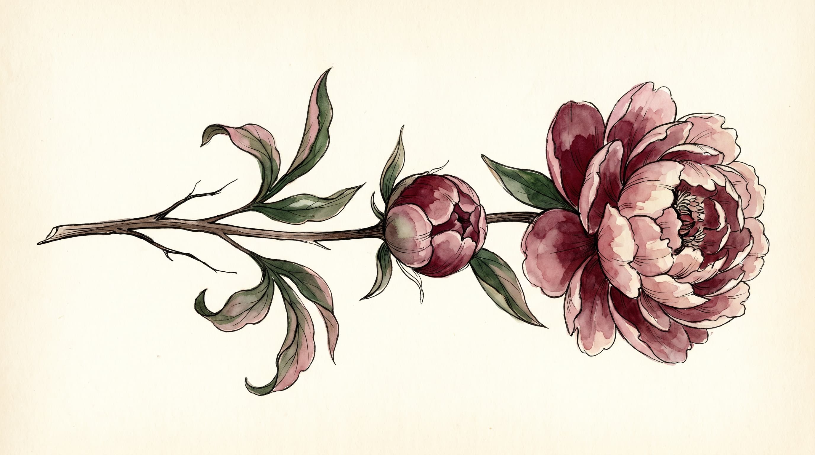 A horizontal watercolor study of a single peony stem — bare stem on the left, a closed bud in the middle, a fully open bloom on the right. The visual metaphor for becoming: a values-based affirmation opens slowly, in stages, on its own time.
