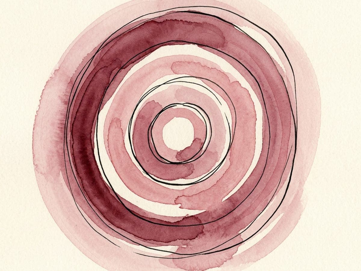 Two concentric watercolor shapes on cream paper — a tight inner coil in merlot ink and a looser outer ring in dusty rose with visible breathing space between them — self-distancing rendered as literal space.