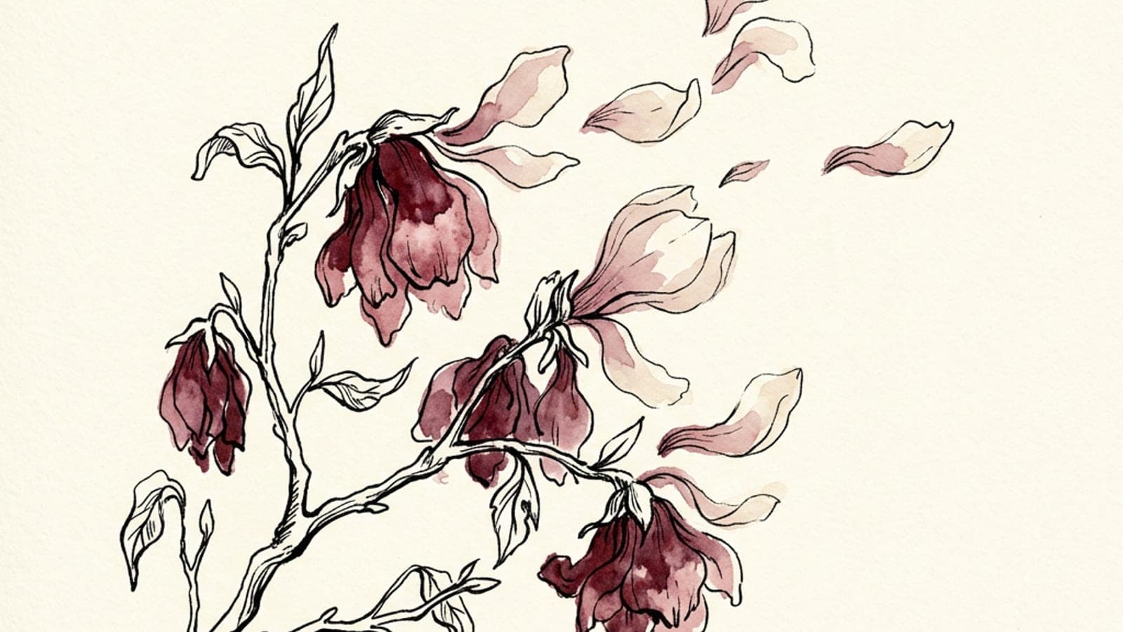 A horizontal watercolor study of a dense storm cloud on the left dissolving into calm open sky on the right, in merlot ink linework and soft dusty rose wash on cream paper — the visual metaphor for training a harsh inner voice into a steadier one.