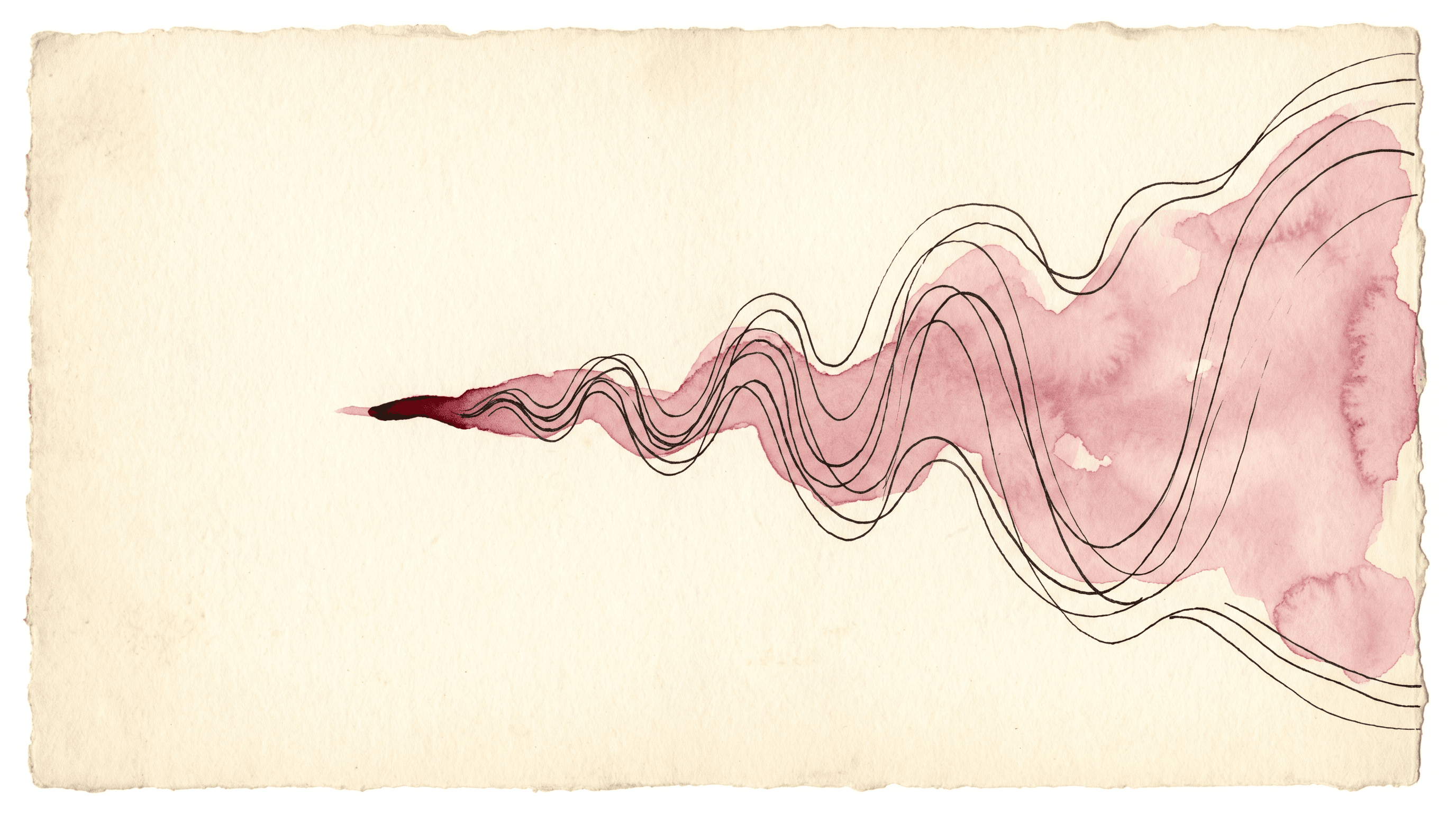 A watercolor and ink illustration on cream paper of a soft dusty-rose sound wave traveling from the far right of the page back toward a single quiet point on the left — the abstract metaphor for a future voice speaking back to the present self.