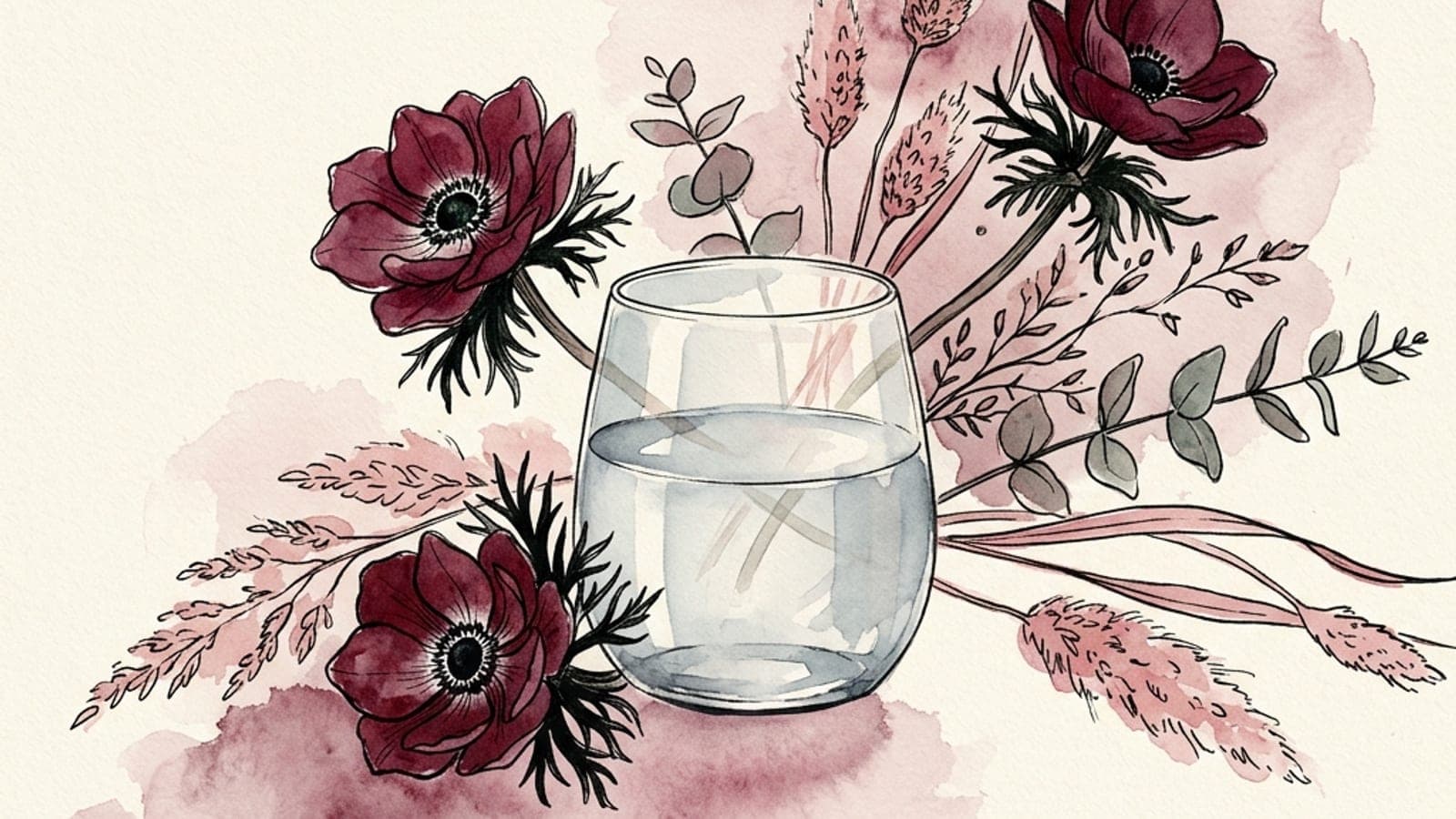 A horizontal watercolor study of three terracotta coin jars on a shelf — one empty, one half-filled with painted coins, one overflowing with a small green sprout growing from the top. A quiet visual metaphor for money tended rather than wished into being.