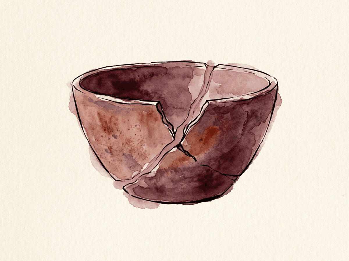 A watercolor scale or balance rendered off-kilter, one side propped up by a small stack of merlot ink marks representing external approval.