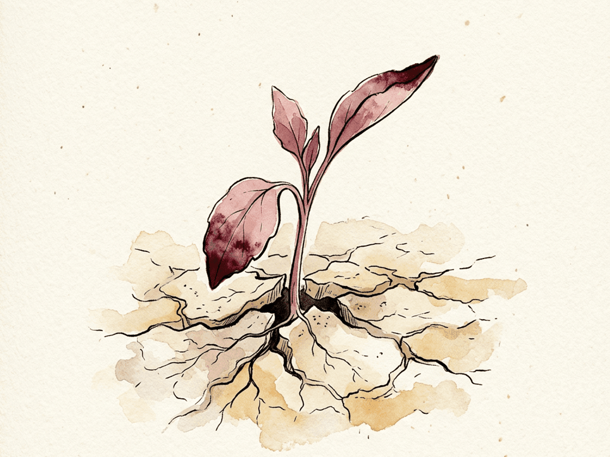 Close-up watercolor of two open hands cupped loosely around a small unstaked seedling, morning light, no faces visible.