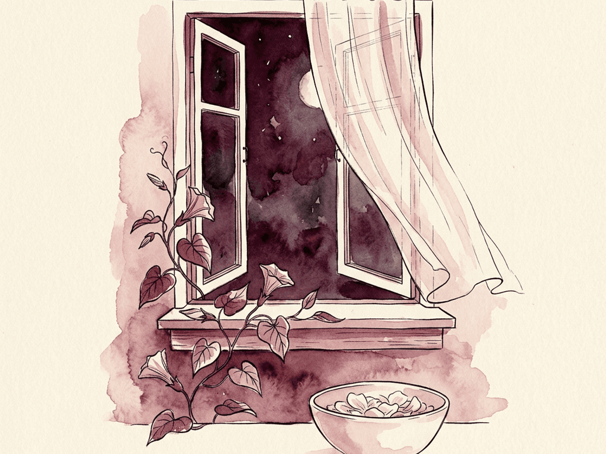 A soft watercolor spiral in merlot and rose tightening toward its center — the pre-sleep worry loop the cognitive model describes.
