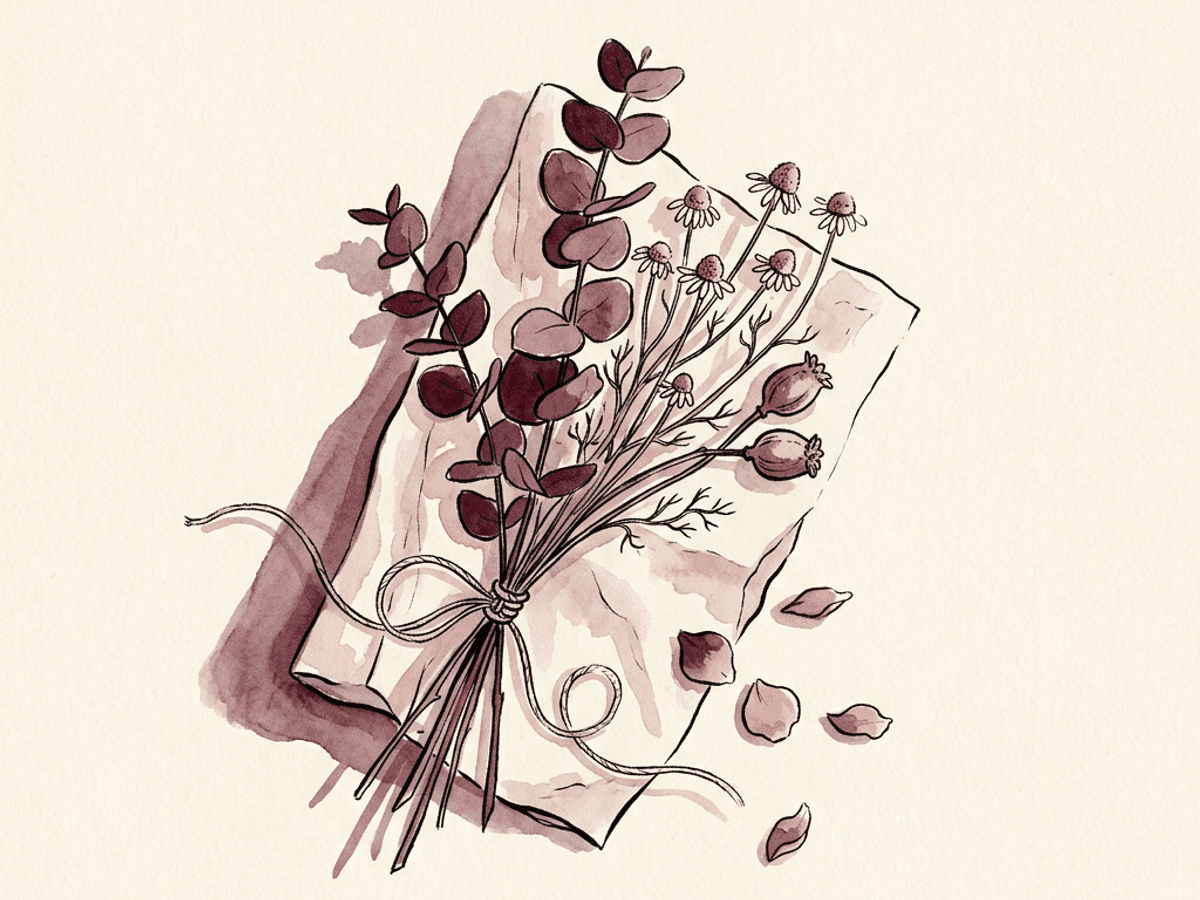 Overhead watercolor still life of a dim bedside table — a low lamp turned off, a glass of water, a single sprig of dried lavender in shadow.