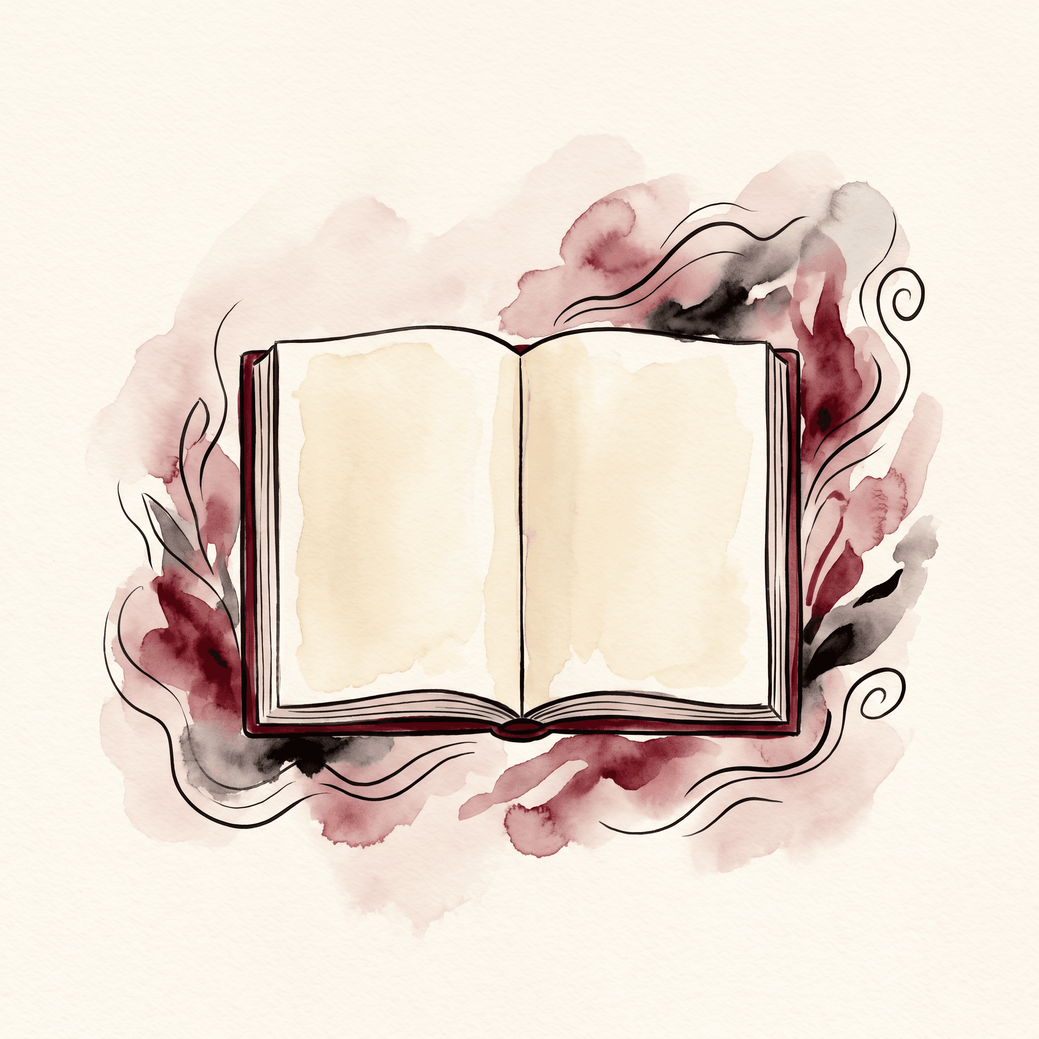 A single hand-drawn open ivory book in deep merlot ink on cream paper, an abstract handwritten line of cursive script across one page — the abstract metaphor for the silent reading channel.