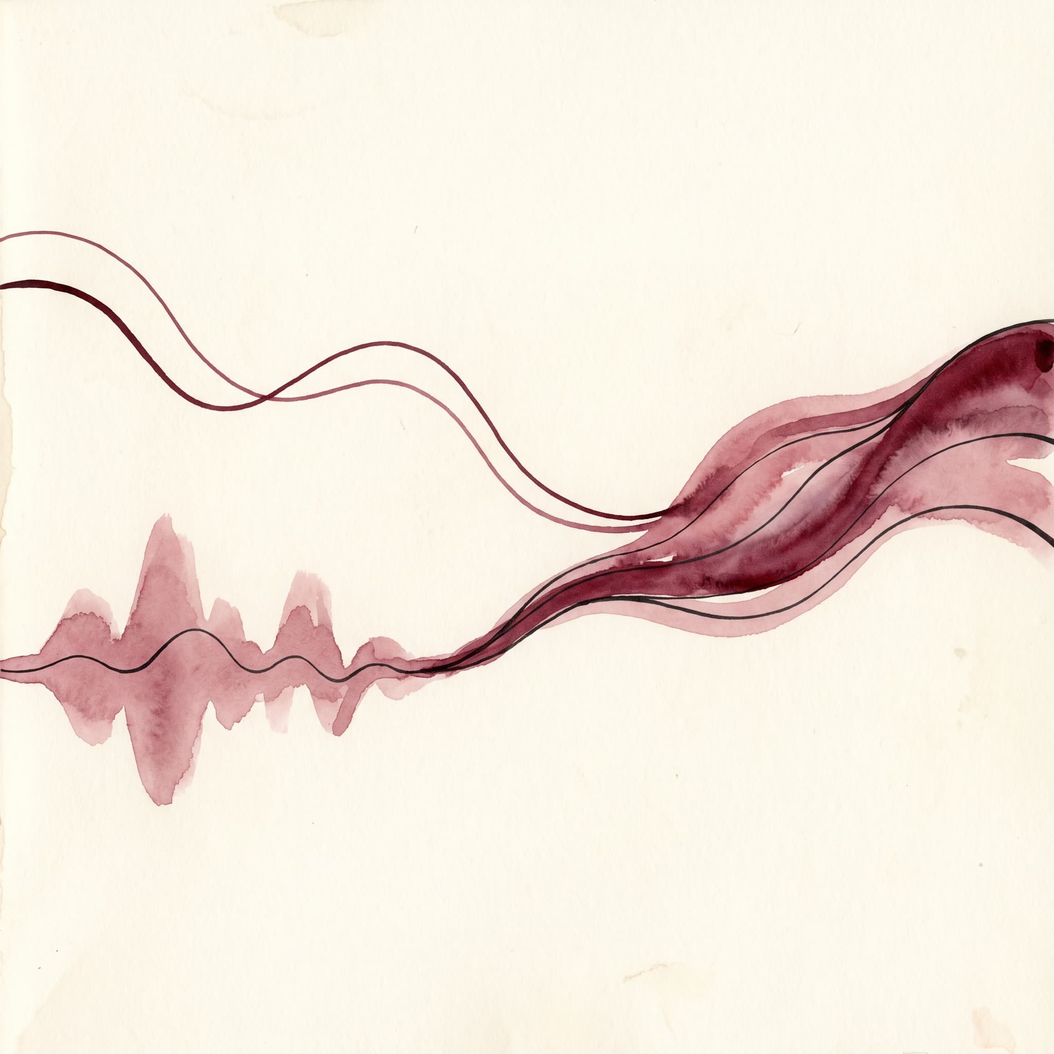 A hand-drawn editorial watercolor diagram on cream paper, two channels (one ink cursive line, one watercolor sound wave) converging into a single combined merlot-rose stream — the abstract metaphor for verbal and auditory encoding combining.
