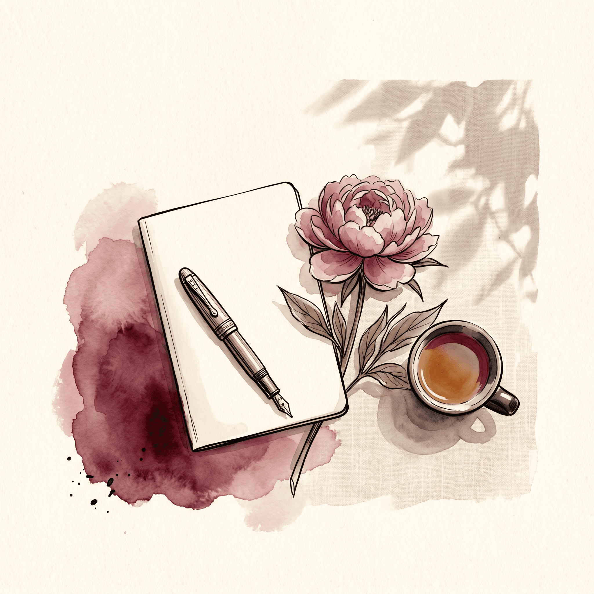 Overhead watercolor still life of a small open ivory notebook on cream linen with a single handwritten line on the page, a fountain pen at rest diagonally across the notebook, a small open peony beside it — the quiet of a practice held in both hand and voice.