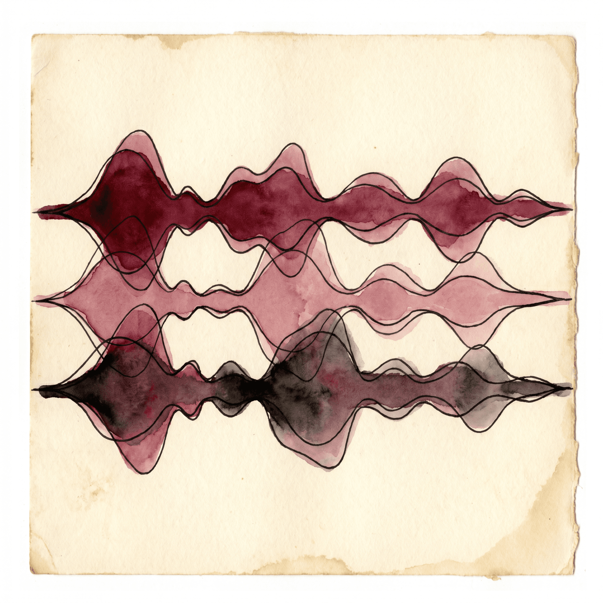 Three overlapping watercolor waveform tracings on cream paper, each in a slightly different shade of merlot and rose — the abstract metaphor for a model learning a voice's recurring shape across multiple recorded samples.