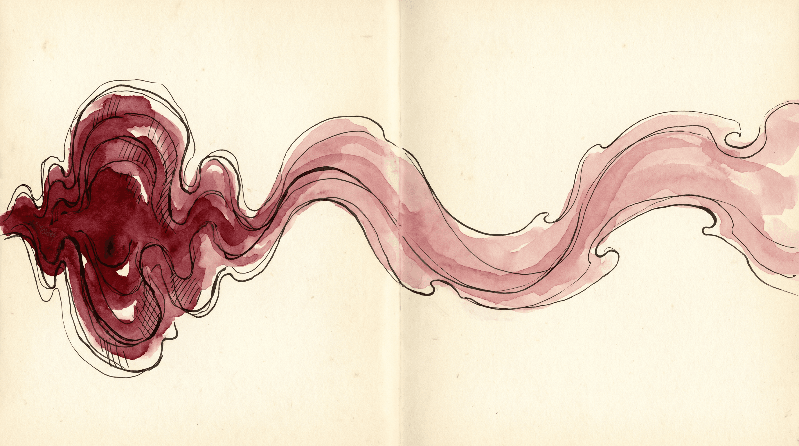 A short watercolor sound wave on the left of a cream paper field gently extending into a long flowing watercolor ribbon across the page — the abstract metaphor for a small voice sample becoming a full model.