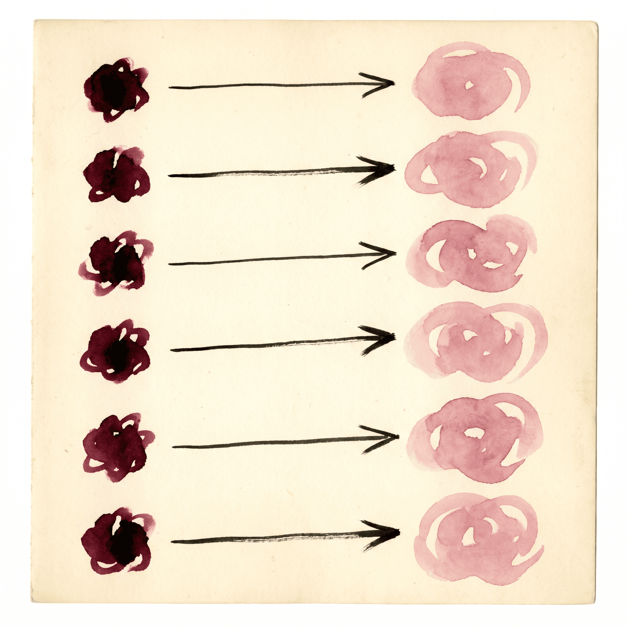A hand-drawn editorial watercolor diagram on cream paper of seven small merlot script-marks on the left each paired by a thin ink arrow to a softer dusty-rose mark on the right — the abstract metaphor for seven rewrites.