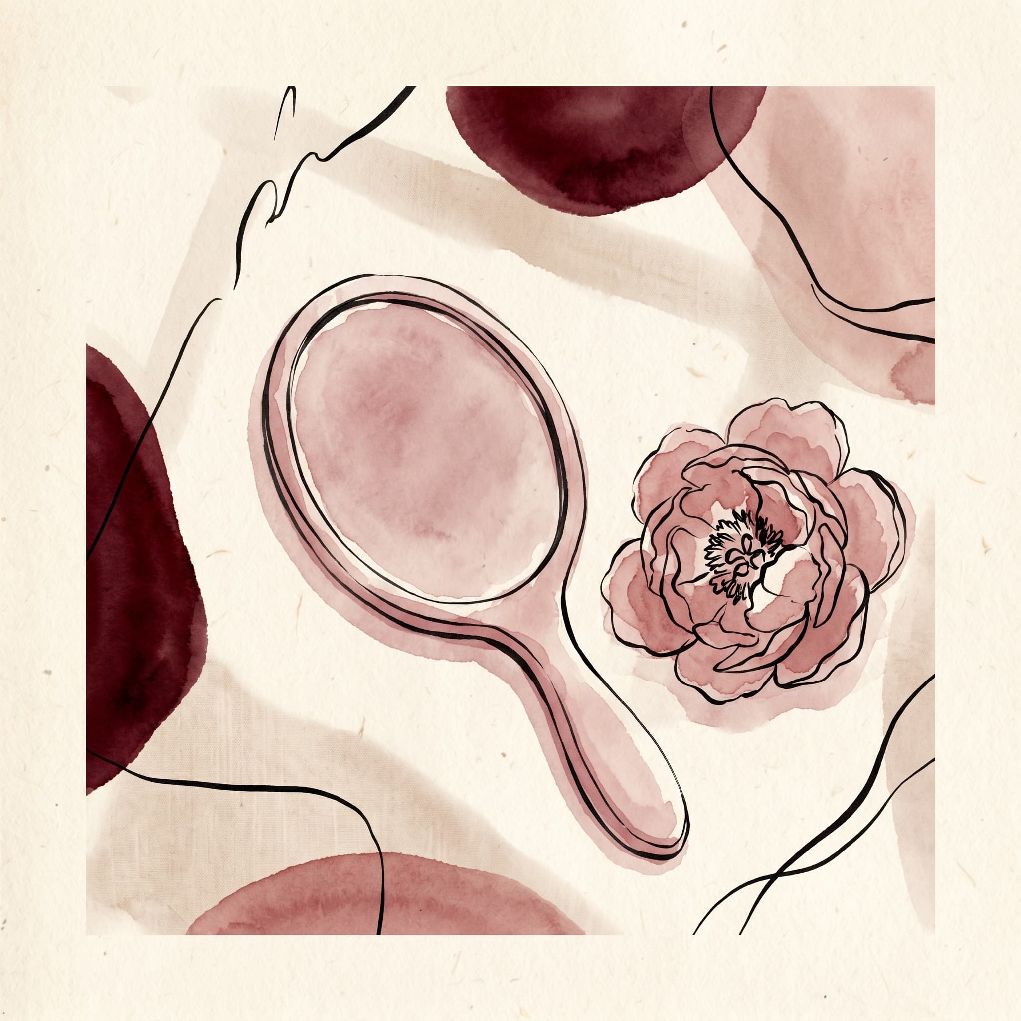 Overhead watercolor still life of a small hand mirror lying face-up on cream linen reflecting a soft dusty-rose wash, a single open peony beside it — the quiet of meeting your own gaze more gently.