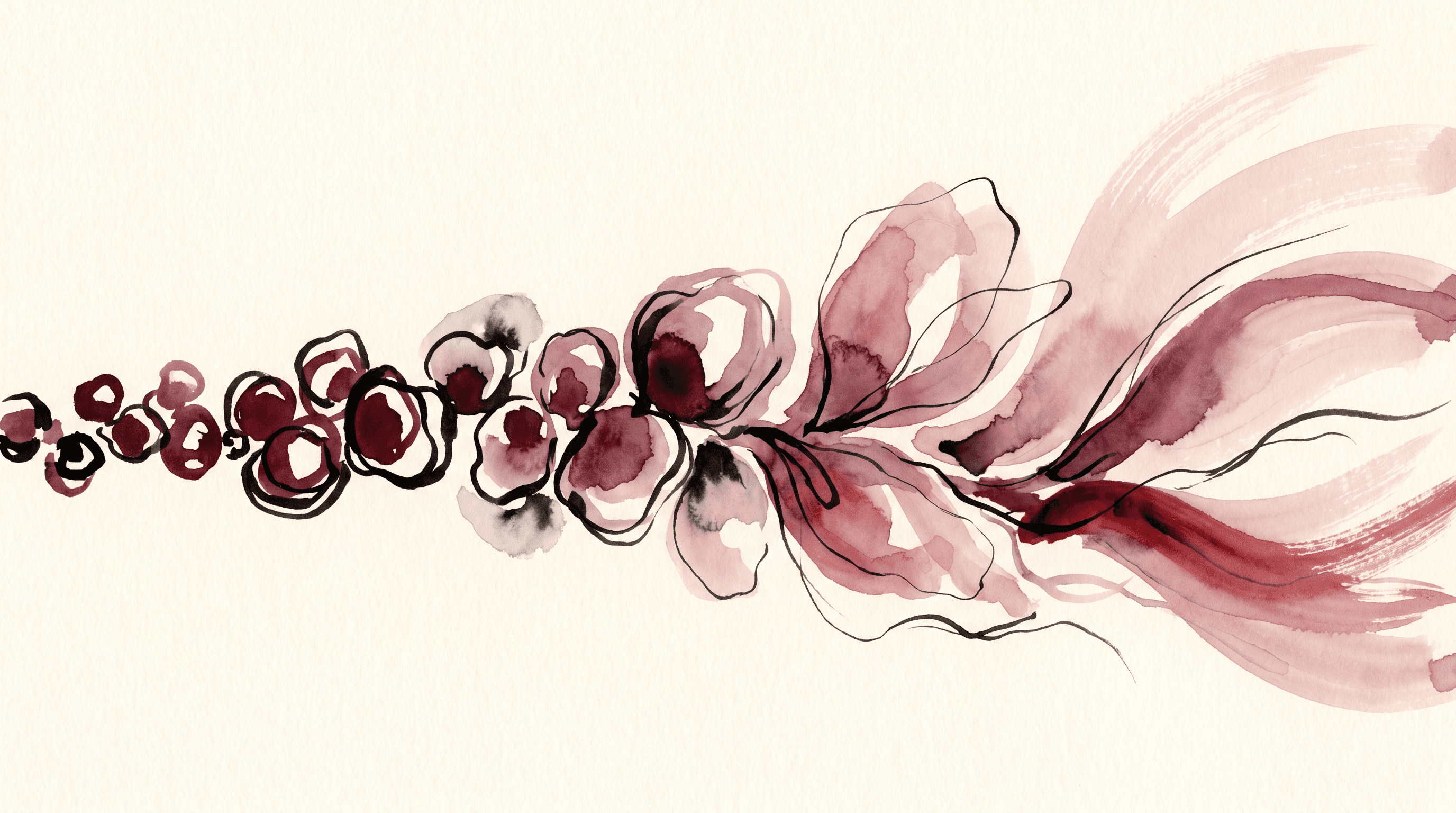 A watercolor and ink illustration on cream paper of a row of small dark merlot speech-bubble shapes on the left softening into open dusty-rose petal shapes on the right — the abstract metaphor for cruel self-talk scripts rewritten into kinder ones.