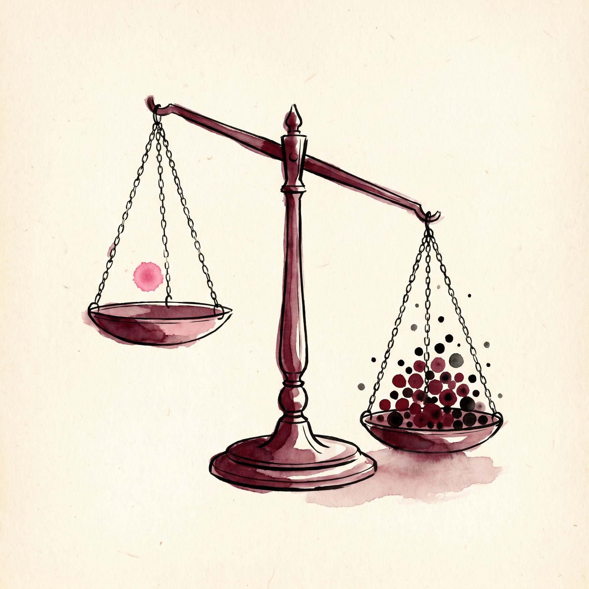 A hand-drawn watercolor balance scale in deep merlot ink, one pan holding a small bright dusty-rose dot and the other holding many small dark ink dots that outweigh it — the abstract metaphor for one affirmation against the accumulated weight of contradicting evidence.