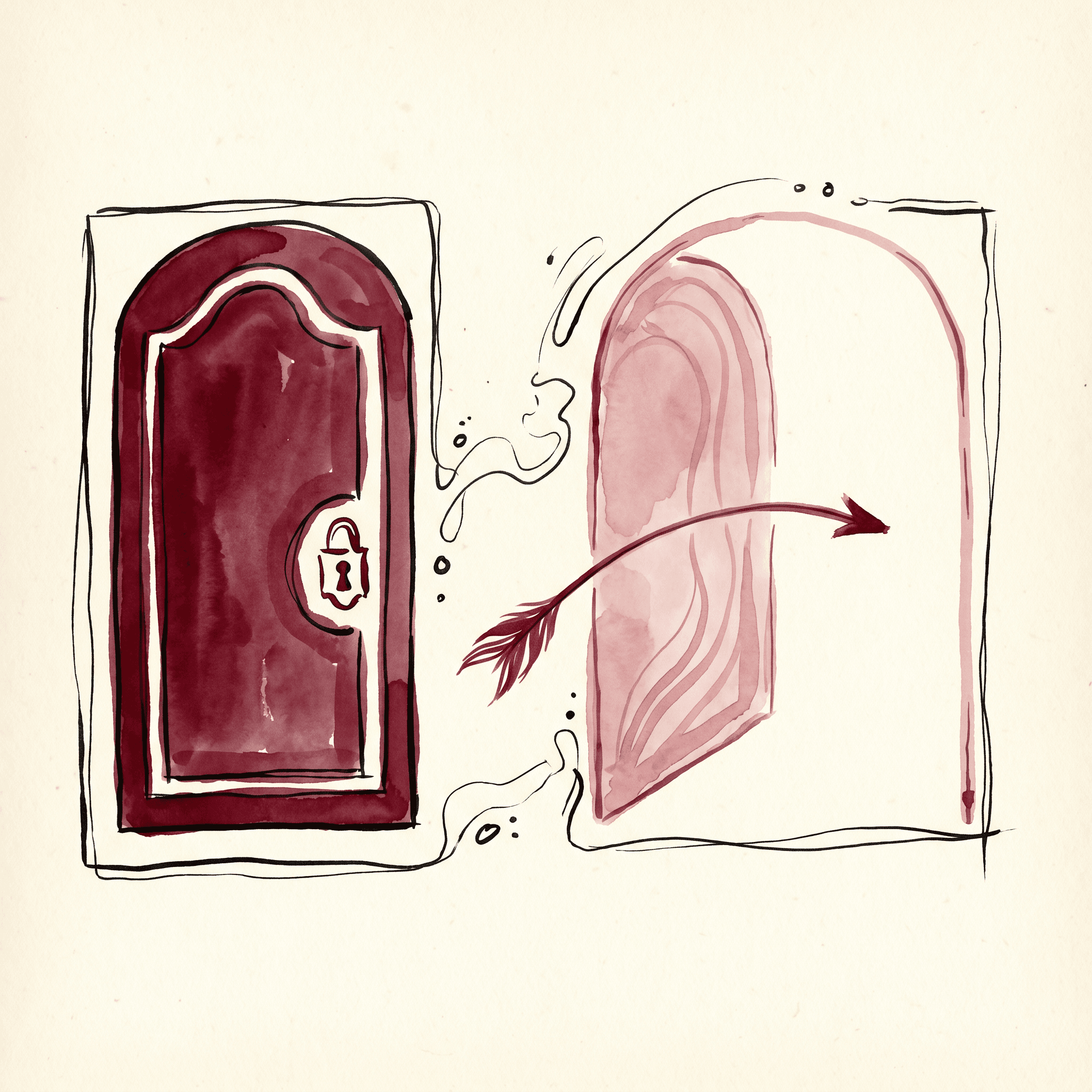 A hand-drawn editorial watercolor diagram on cream paper contrasting a closed locked door labeled with a declarative shape and an open doorway labeled with a conditional arrow leading gently forward — the abstract metaphor for declarative phrasing the brain rejects versus conditional phrasing it accepts.
