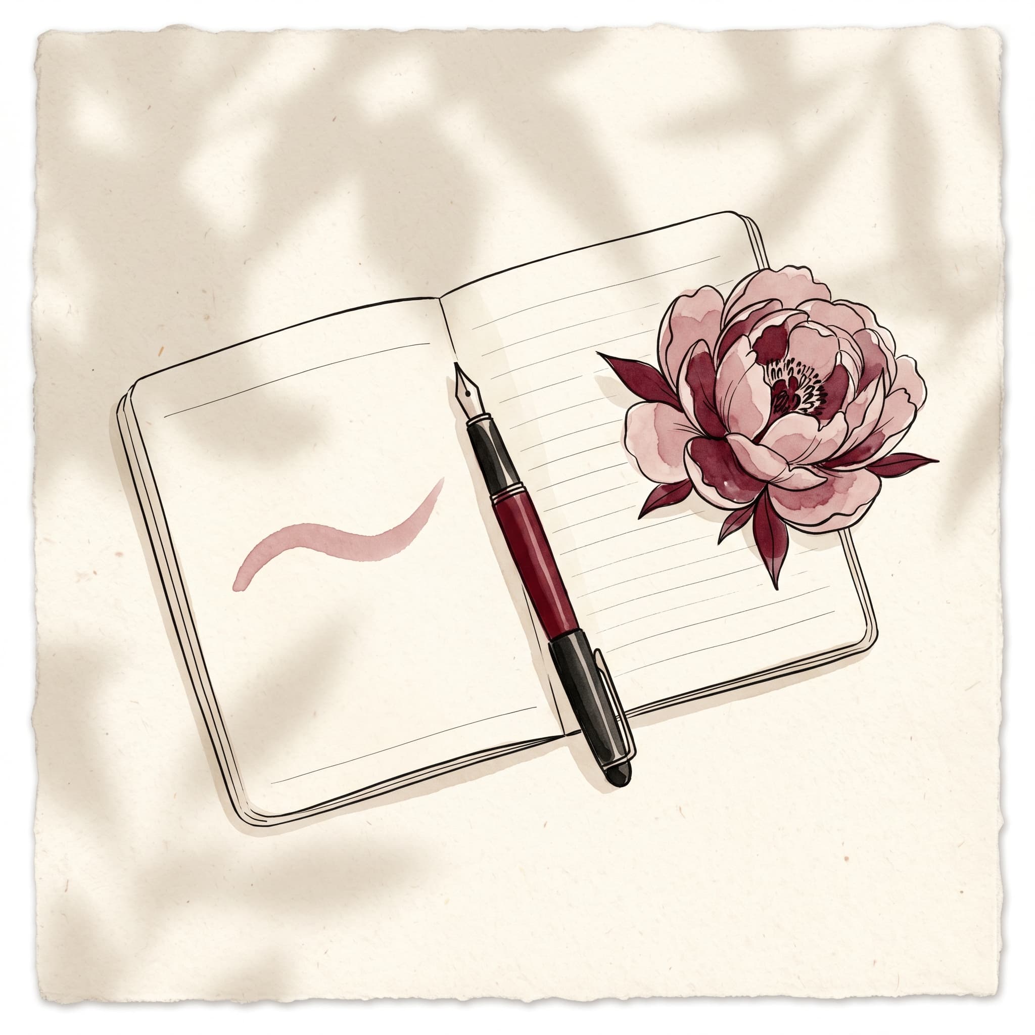 Overhead watercolor still life of an open ivory notebook on cream linen with a single soft handwritten conditional phrase shape across the page, a fountain pen at rest, a single open peony beside it — the quiet of a sentence rewritten more gently.