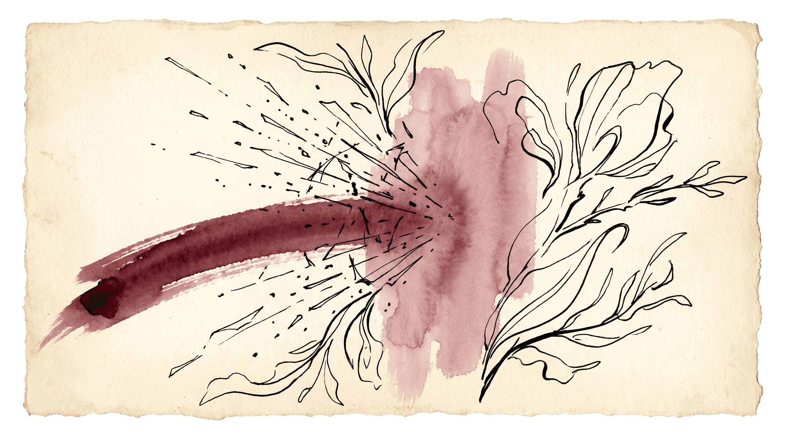 A watercolor and ink illustration on cream paper of a deep merlot statement-shape on the left meeting a dusty-rose wall and bouncing back as a fractured reflection — the abstract metaphor for an affirmation rebounding off a self-belief that won't accept it.