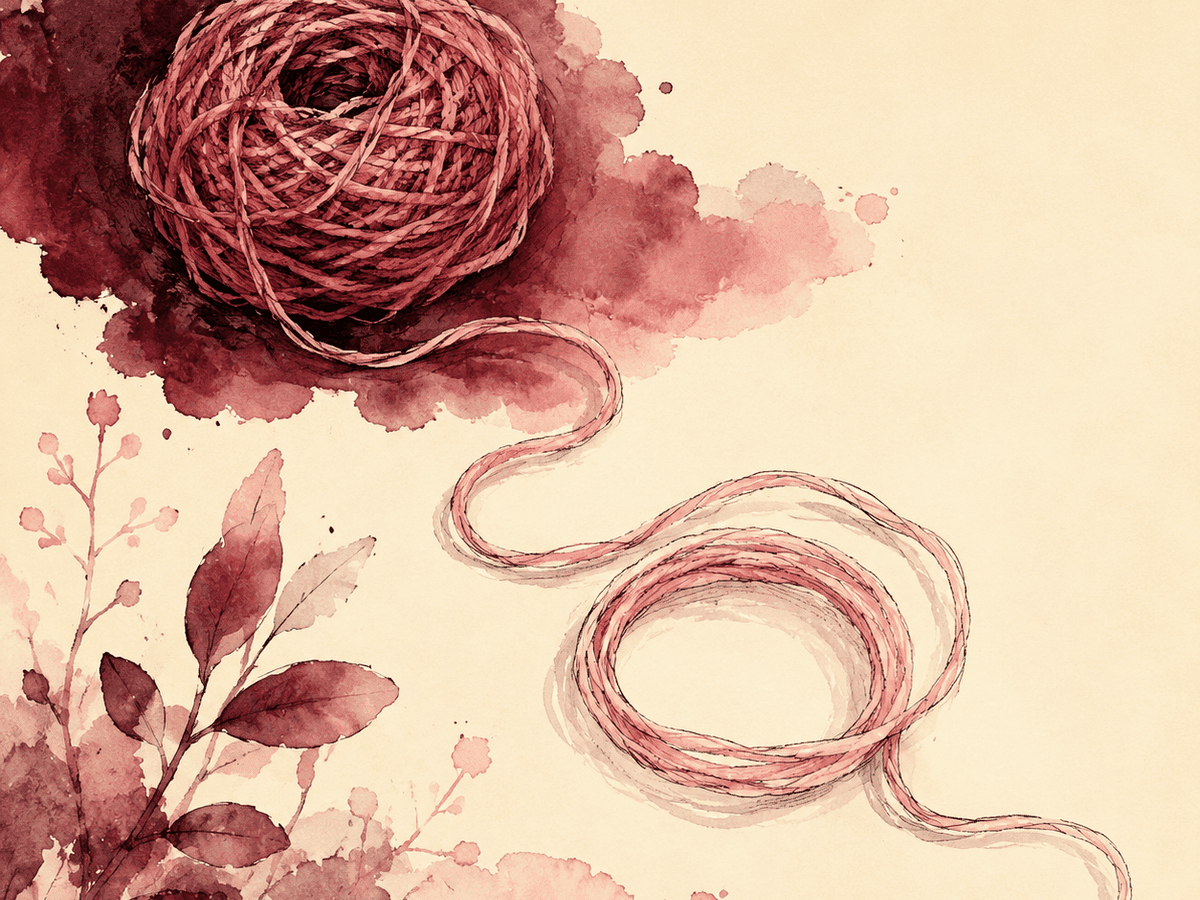 A watercolor study of an empty watering can beside a wilted stem, both rendered in soft merlot ink on cream paper — depletion shown as an absence, not a feeling.