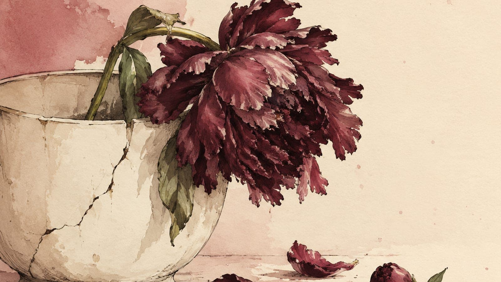 A horizontal watercolor of a candle burned down low on the left and a fresh unlit candle on the right, connected by a thin trail of rising smoke — the visual metaphor for depletion and the slow work of restoring what's left.