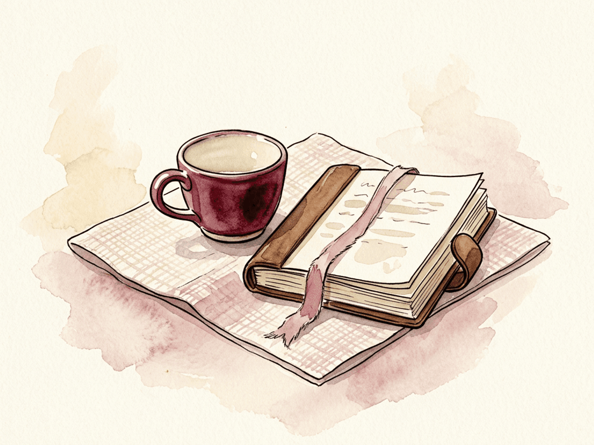 Two soft watercolor shapes in rose and merlot with a thin handwritten line falling into the gap between them — the distance between a claim and a felt truth.