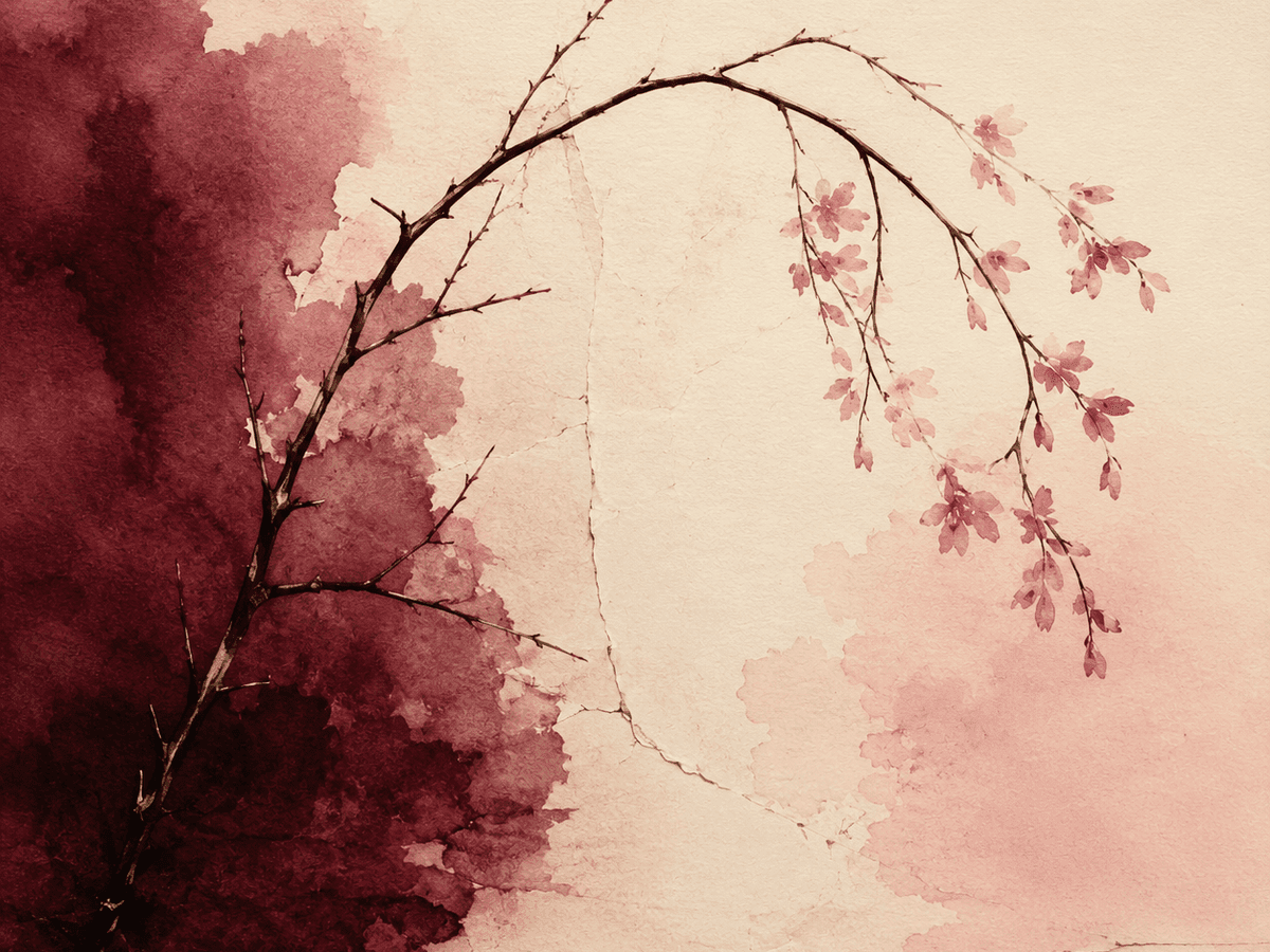 A soft watercolor wave pattern in merlot and rose, rising and falling irregularly across cream paper — a visual metaphor for fluctuating hormone levels and mood.