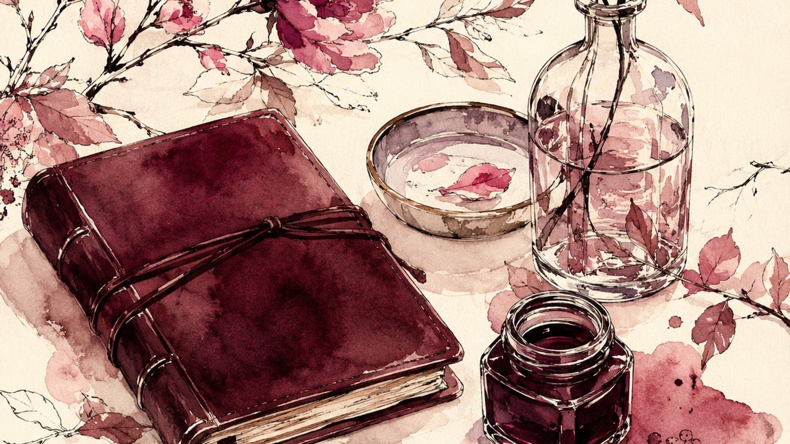 A horizontal watercolor study of a chrysanthemum branch in three stages — a spent bloom on the left, a bare stem in the middle, a new bud opening on the right, painted in dusty rose and deep merlot on cream paper.