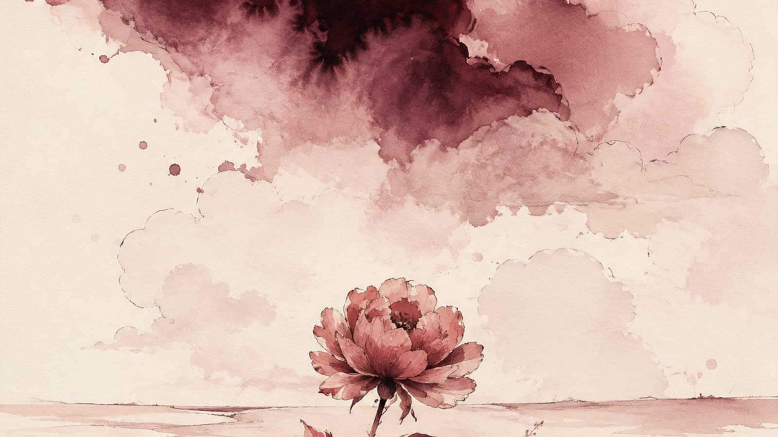 A horizontal watercolor study of a wave in dusty rose and merlot, rising to a peak on the left and settling into calm flat water on the right — the visual arc of a panic attack cresting and passing.
