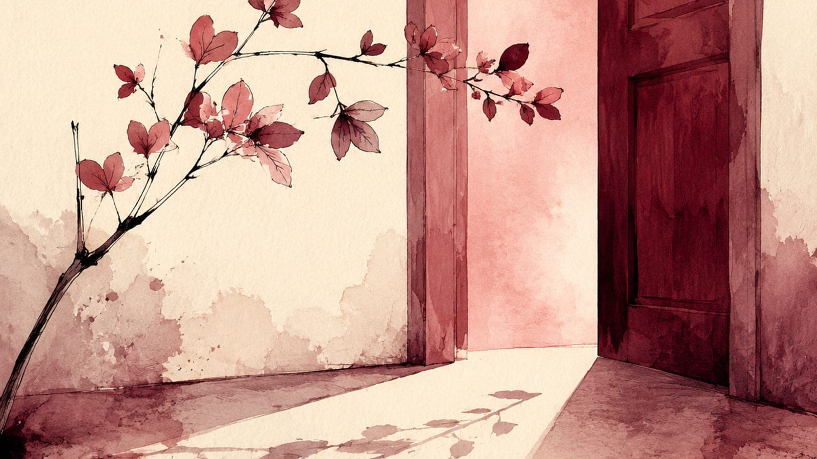 A watercolor illustration of a single open doorway glowing with warm light at the edge of a softly blurred, dim room — the threshold moment before walking into a social space.