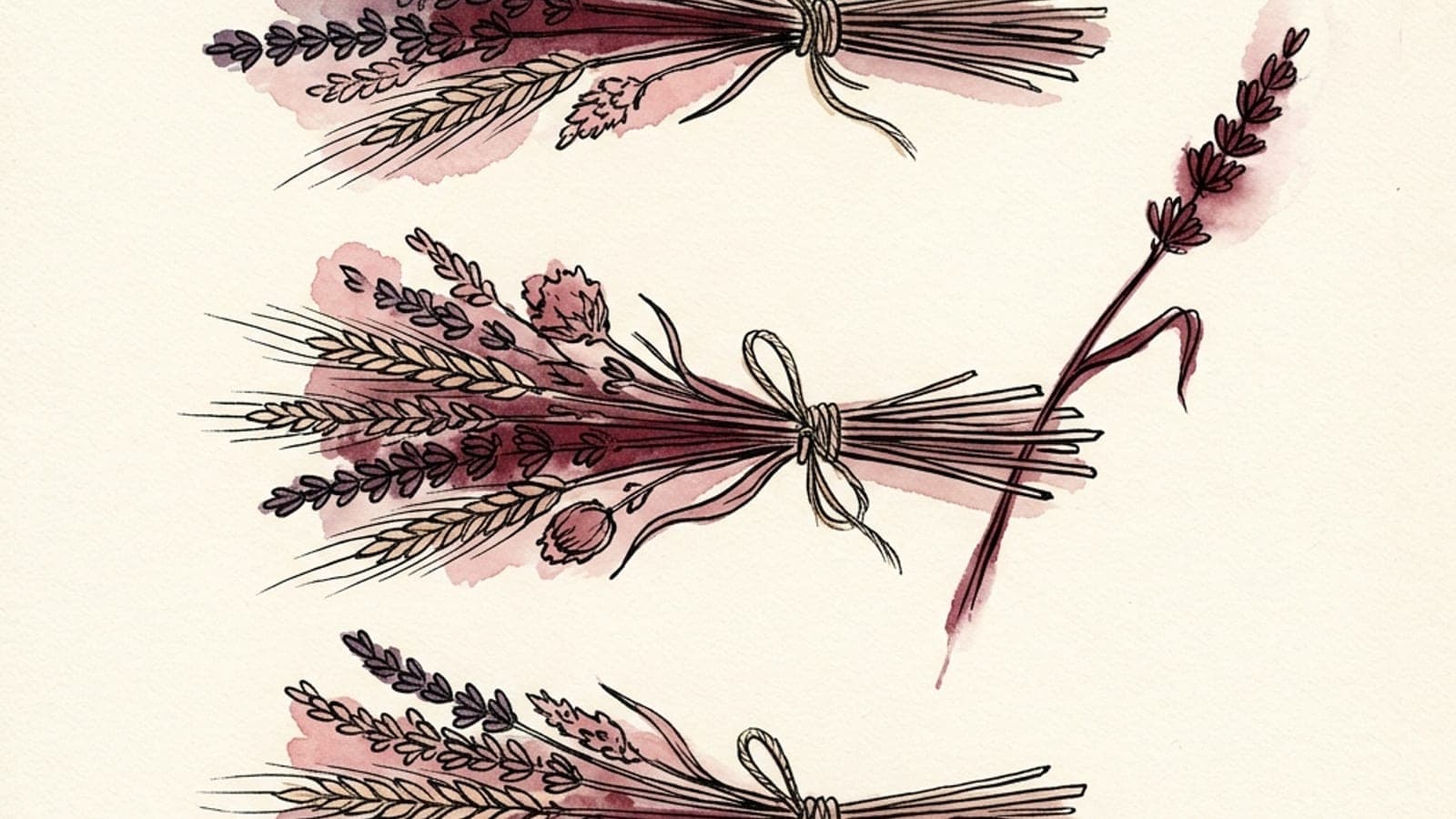 A horizontal watercolor still life of a closed notebook on the left, an open notebook with a pen resting mid-page in the center, and a page of soft merlot ink lines on the right — the arc of walking into a hard meeting with the sentence unfinished, and out with it written.