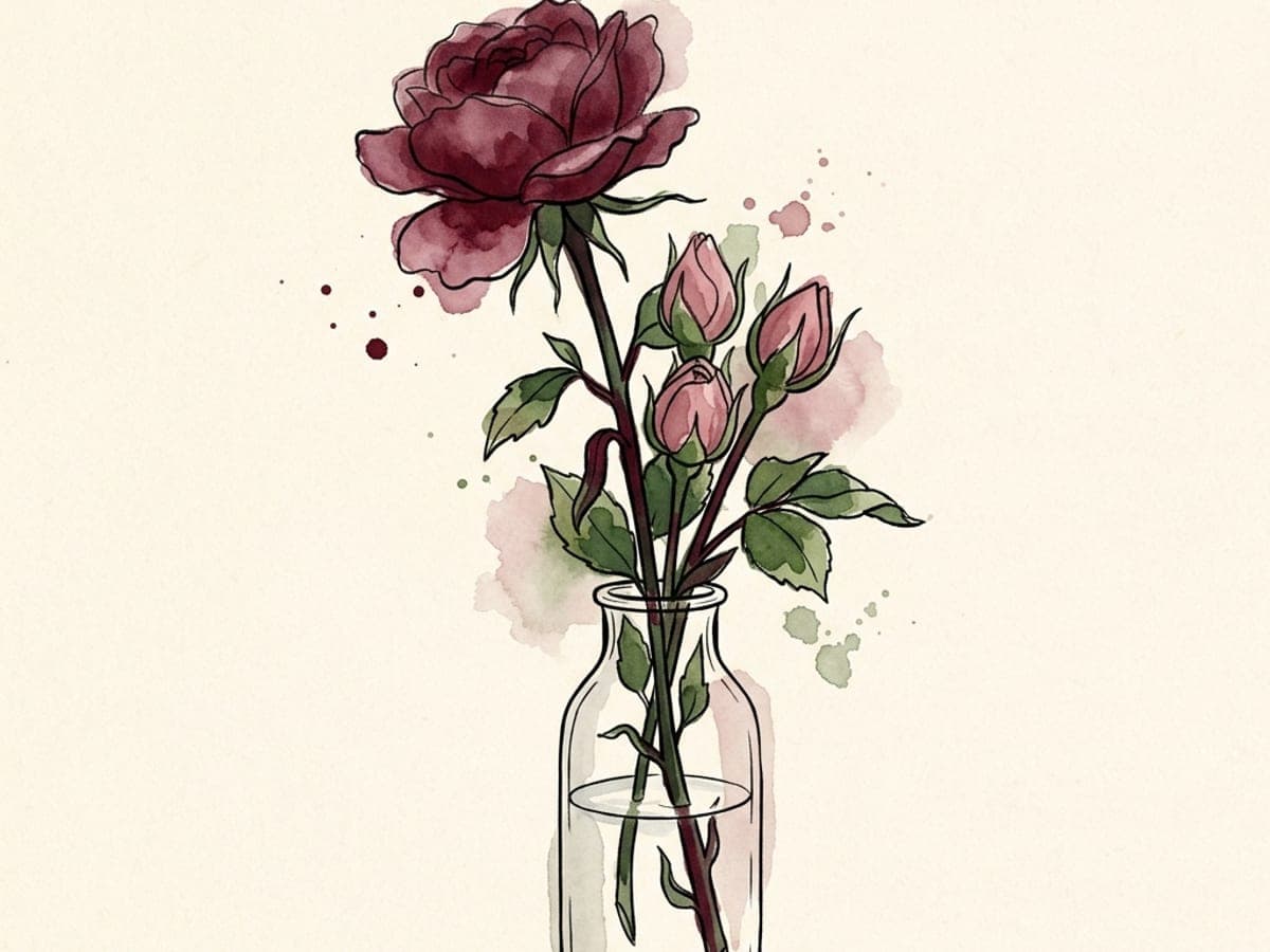 Two watercolor shapes side by side, one a soft closed circle in rose, one an open unfurling line in merlot, connected by a thin thread — journaling and affirmations as two different but related tools.