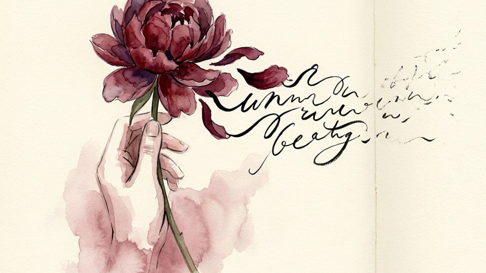 A horizontal watercolor composition showing an open journal with a blank page on the left and a single hand-lettered line on the right, connected by a soft rose-colored thread — the visual pairing of two different practices.