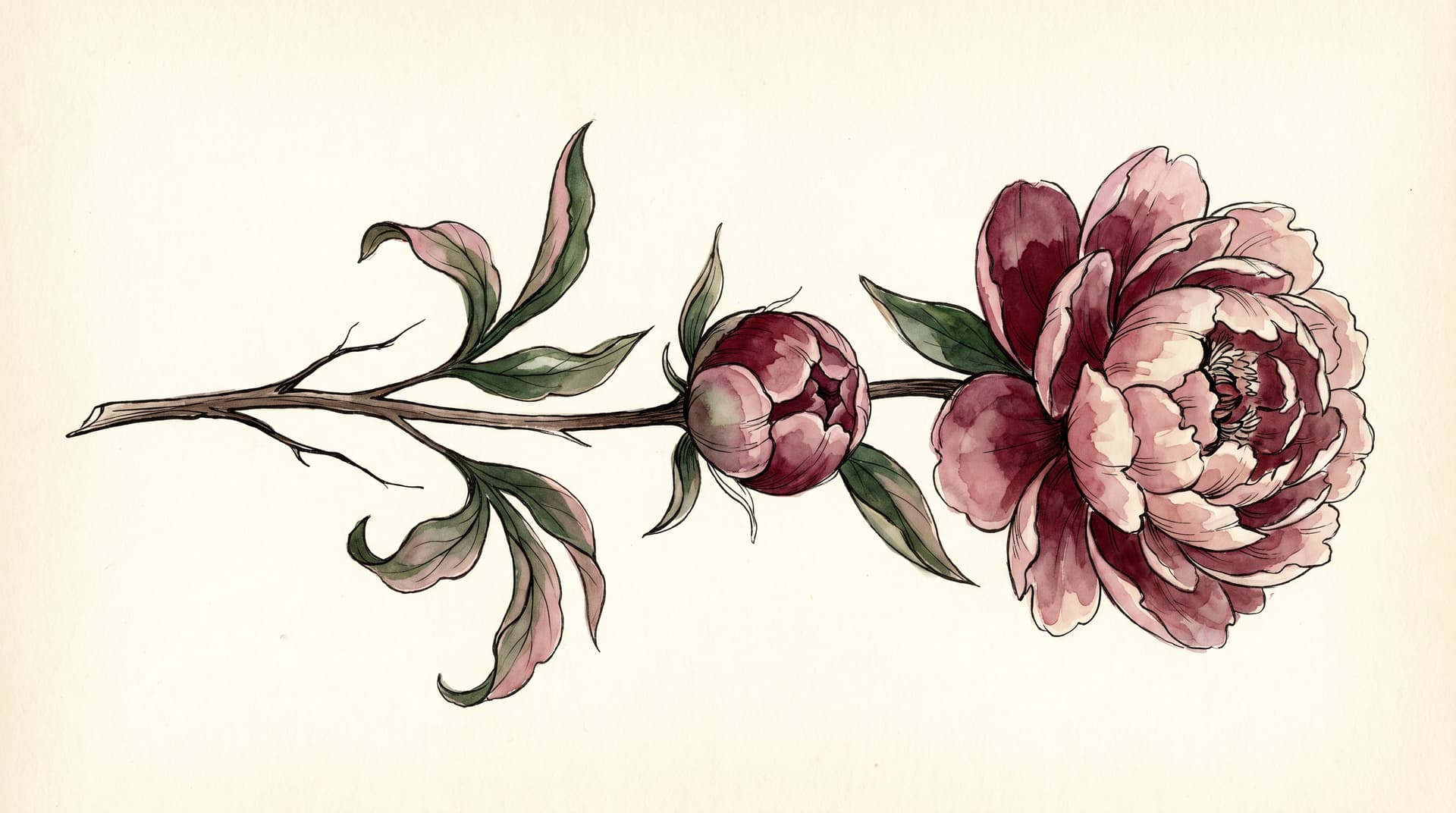 A horizontal watercolor study of a single peony stem — bare stem on the left, a closed bud in the middle, a fully open bloom on the right. The visual metaphor for becoming: a values-based affirmation opens slowly, in stages, on its own time.