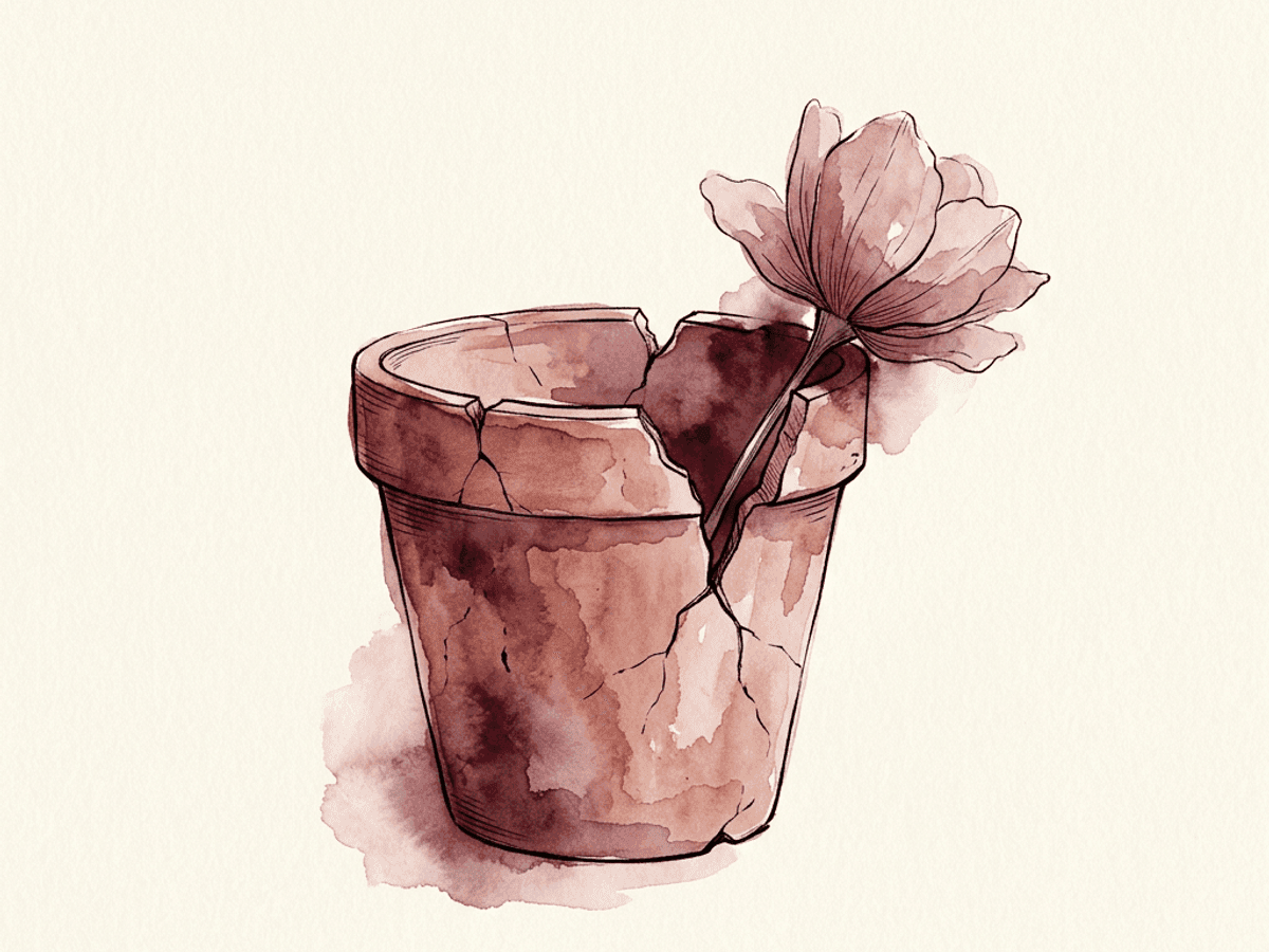 A watercolor scale slightly tipped, one side holding a bold merlot claim and the other a soft rose counter-thought — the felt gap a declarative affirmation can open.