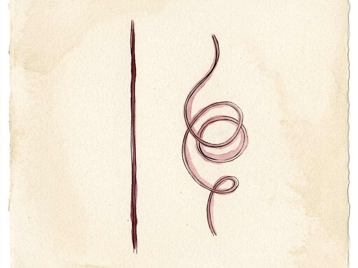Hand-drawn editorial diagram of a sentence being rewritten, a struck-through declarative line above a softer conditional line, in merlot ink on cream paper.